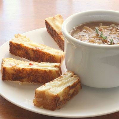 French Onion Soup With Grilled Swiss Cheese and Bacon Dippers